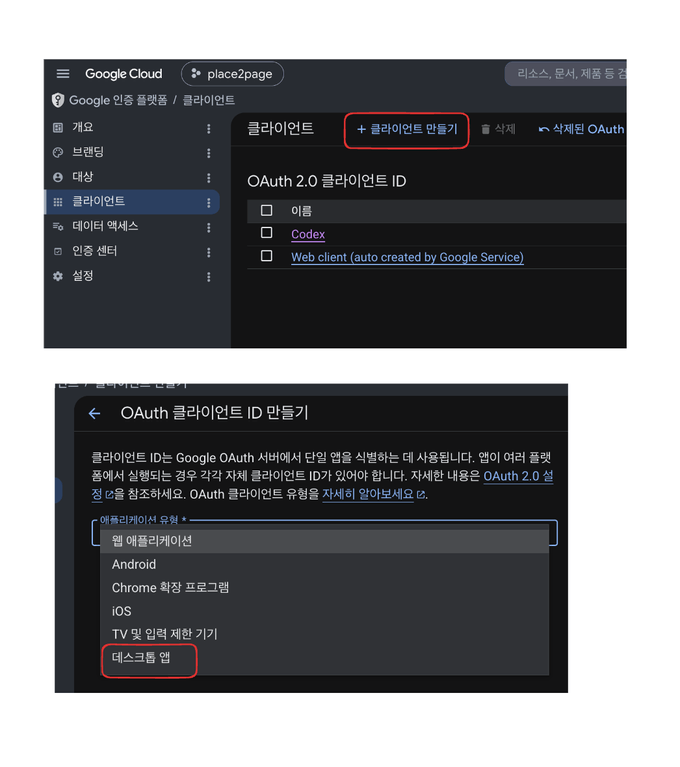 Google Auth Platform에서 OAuth client를 만들고 Desktop app 타입을 선택하는 화면