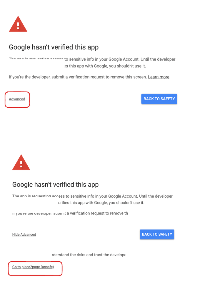 미검증 OAuth 앱 경고에서 Advanced와 계속 진행 링크를 선택하는 화면
